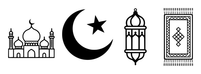 Fototapeta premium Islamic Symbols Mosque, Crescent Moon, Lantern, and Prayer Rug Icons