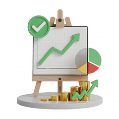 3D Illustration of Business Growth Chart with Coins and Checkmark
