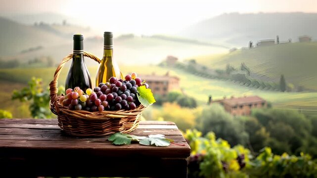 Italy Tuscany vine yard farm. A vivid, highresolution photograph of a rustic wooden table with a basket of grapes and wine on it.