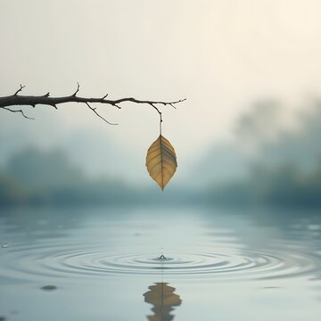 A single leaf hanging from a branch above still water as gentle ripples form below symbolizing change transition solitude mindfulness and emotional reflection in a serene natural setting
