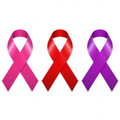 Three Awareness Ribbons: Pink, Red, and Purple on White Background