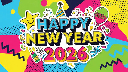 Vibrant Retro 2026 Celebration Poster with Zig Zag Patterns and Floating Pop-Graphics Stickers
