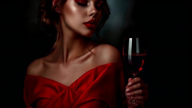 A closeup portrait of a woman in a red dress, holding a glass of red wine. The style is a blend of realism and artistic interpretation.