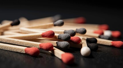A scattered pile of wooden matchsticks lying on a dark black surface with some match heads are clearly visible, with some having bright red tips and others having gray or white tips.