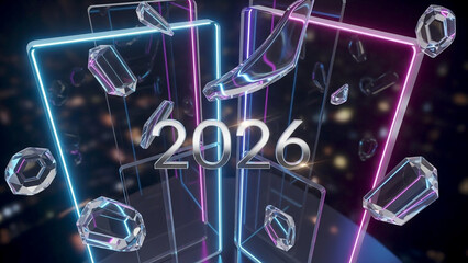 Futuristic 2026 New Year Composition with Neon Lights, Glass Panels, and Silver Typography