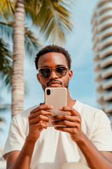 Young African American man standing, using a cell phone, looking intently at the cell phone screen.