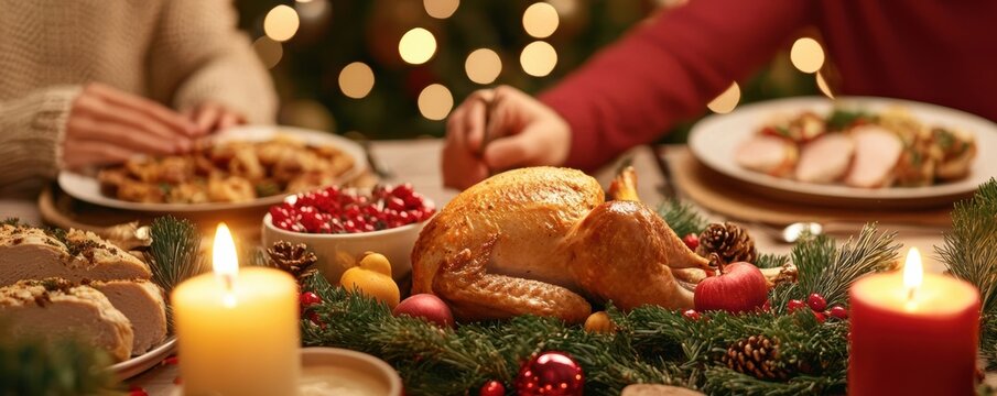  festive dining table with a roasted turkey centerpiece, surrounded by colorful side dishes, candles, and a warm, celebratory atmosphere.
