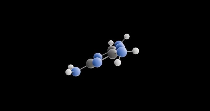 Melamine molecule, rotating 3D model of trimer of cyanamide, looped video on a black background
