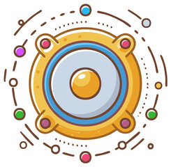 Obraz premium Vibrant Cartoon Speaker with Sound Waves and Decorative Ornaments, Audio Device Graphic Element