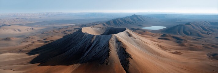 Majestic volcanic crater in expansive desert mountain landscape with distant lake