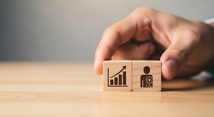 Business growth and human resources strategy hand placing wooden blocks showing progress and employee management for success and development in the workplace