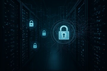 Data Security and Cybersecurity Padlock in Server Room