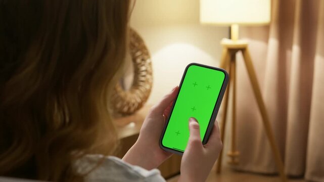 Woman sit use digital tech cell phone with green screen mock up. Hand scroll phone web site, swipe like photos. Girl hold mobile closeup. Chroma key page. Cozy home background. Online app copy space.