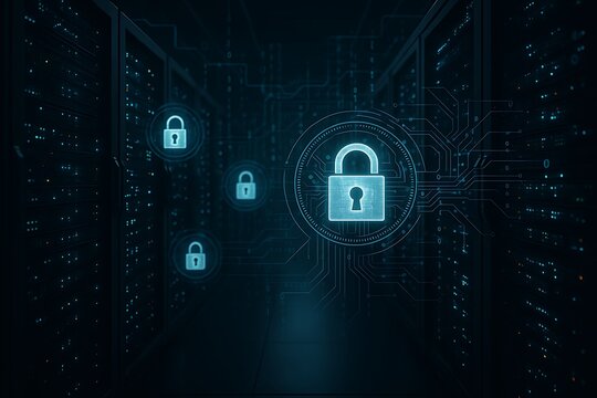 Data Security and Cybersecurity Padlock in Server Room