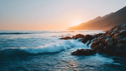 Beautiful ocean waves crashing onto rocky coastline during sunset with scenic mountain background and tranquil water scene capturing natural outdoor beauty