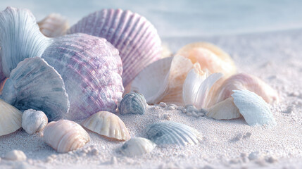 An assortment of delicate seashells rest on a pristine sandy beach, a serene scene evoking the essence of a tranquil seaside escape