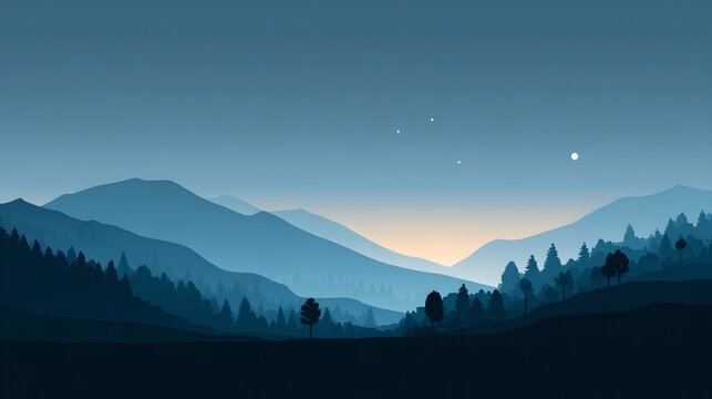 Beautiful mountain landscape at dusk showcasing serene silhouette, vibrant sky, scenic horizon with trees and clouds for peaceful outdoor nature photography