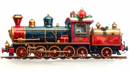 Vintage Christmas Steam Train Decorated with Festive Ornaments and Gifts.