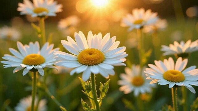 Sunlight bathes delicate white daisies in a vibrant meadow, evoking warmth and natural beauty.