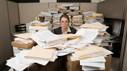 A office worker woman stuck in the sea of documents and files while she is showing stress, bored, frustration and tired in the office scenery