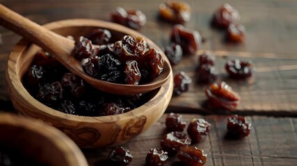 A closeup shot of a wooden bowl containing a wooden spoon filled with dried prunes. The bowl is placed on a wooden surface, and the background is blurred, emphasizing the bowl and its contents.