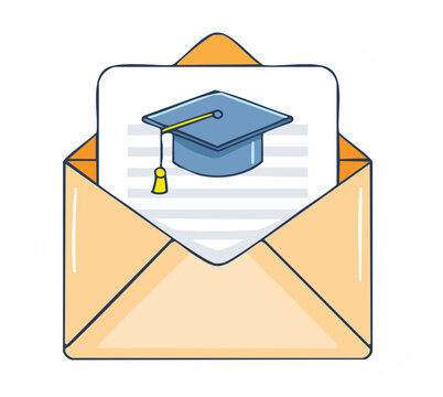 University acceptance letter with a graduation cap in an open envelope cartoon illustration