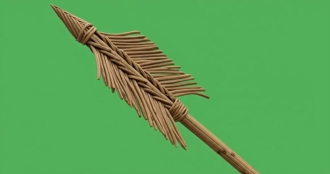 Closeup of a finely crafted wooden spear tip with intricate woven detail against a vibrant green screen background
