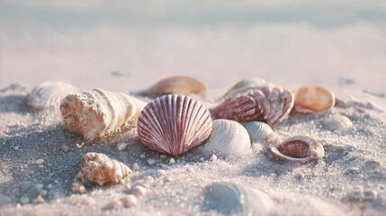 A collection of seashells resting on a sandy beach, showcasing a variety of shapes and textures, evoking a sense of tranquility and the beauty of the coast