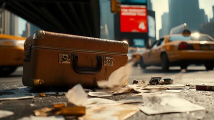 An old, forgotten suitcase sits amidst scattered papers on a busy city street, while yellow cabs drive by, suggesting themes of abandonment and urban life.