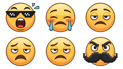 Set of Various Emoji Faces Cool, Sad, Tired, and Angry Expressions