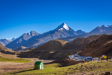 This is the view from Chandrataal hiking trail after parking lot. Chandratal is a high altitude lake located at 4300m in Himalayas of Lahaul and Spiti Valley, Himachal Pradesh, India.