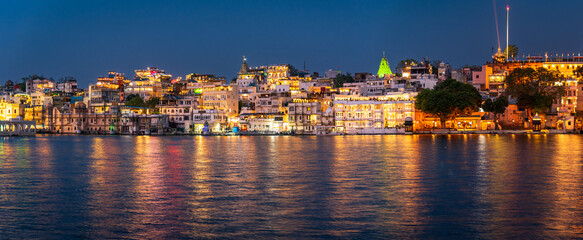 Panoramic view of Udaipur city and Lake Pichola from Ambrai Ghat at Udaipur, Rajasthan, India