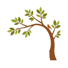 Obraz premium Brown Tree Branch With Green Leaves and a Bird