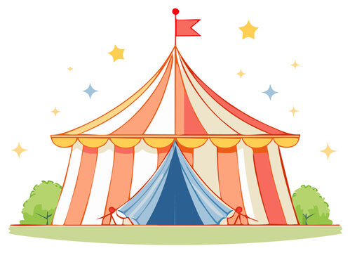 Colorful Striped Circus Tent with Flag and Small Tent Illustration Festive Entertainment Showground Attraction