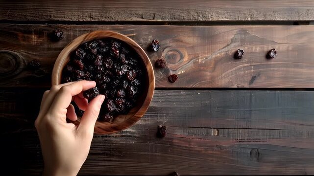 A hand reaches out to touch a bowl of dried prunes on a rustic wooden table. The scene is captured in a topdown view, emphasizing the hand and the bowl.