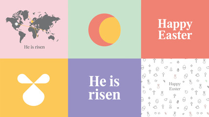 Happy easter greeting collage with world map crescent moon abstract symbol and religious text
