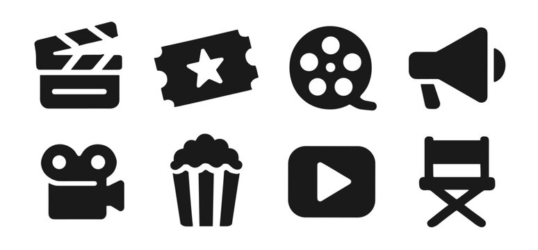 Cinema icon collection in black. Includes clapperboard, ticket, film reel, megaphone, video camera, popcorn, play button and director chair