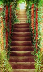 路地裏のレンガ造りの外壁と階段の風景背景壁紙★stairway to heaven