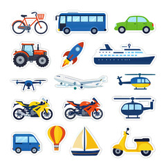 Fototapeta premium Colorful Flat Design Transportation Stickers with Various Vehicles