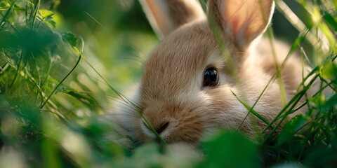 Fototapeta premium Rabbit resting quietly among green grass in a sunny meadow during the afternoon