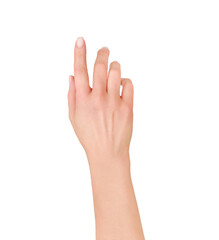 Obraz premium Beautiful female hand finger pointing or touching something isolated on white background with clipping path. Female open empty hand. Design element.