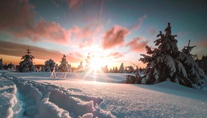 설원 위로 퍼지는 겨울 아침 햇살