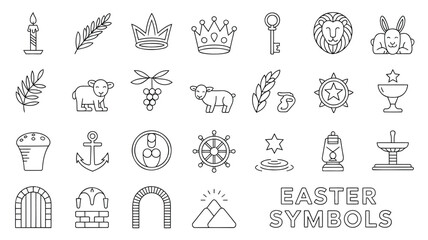Collection of easter symbols and religious icons in a clean line art style