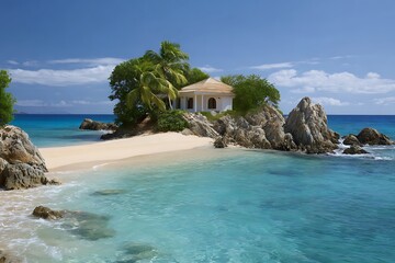 Fototapeta premium Tranquil seascape with an idyllic island, turquoise water, and a simple cabin