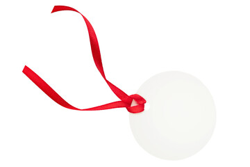 Blank white tag with with red border, red ribbon and red bow hanging isolated on white background with clipping path. Holiday Sale Concept. Design element.