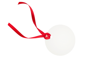 Blank white tag with with red border, red ribbon and red bow hanging isolated on white background with clipping path. Holiday Sale Concept. Design element.