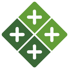 Fototapeta premium Geometric green diamond shape with four plus symbols in a modern grid pattern