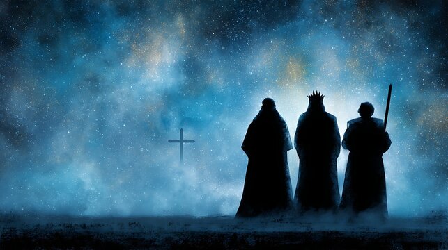 Epiphany and Christmas religious nativity concept: Three wise man against star of cross over night background. Old vintage style tone