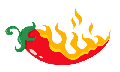 Vintage vector emblem of chilli pepper in flame. Retro illustration of red chili pepper in fire.
