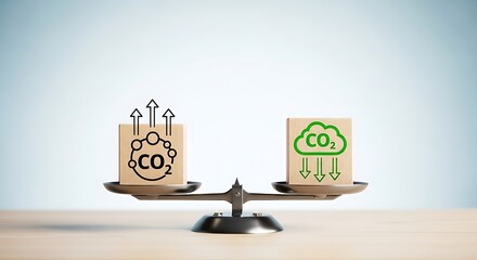 Balancing carbon emissions and carbon capture for a sustainable future depicted with scales and drawings on wood blocks